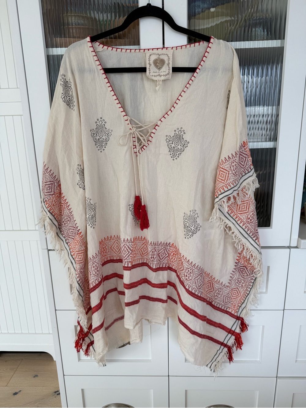 Bohemian Embroidered Tassel Poncho Top - Red